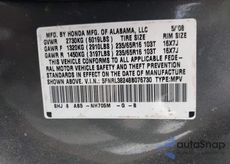 2008 Honda Odyssey Lx from USA, damaged, VIN 5FNRL38248B076730